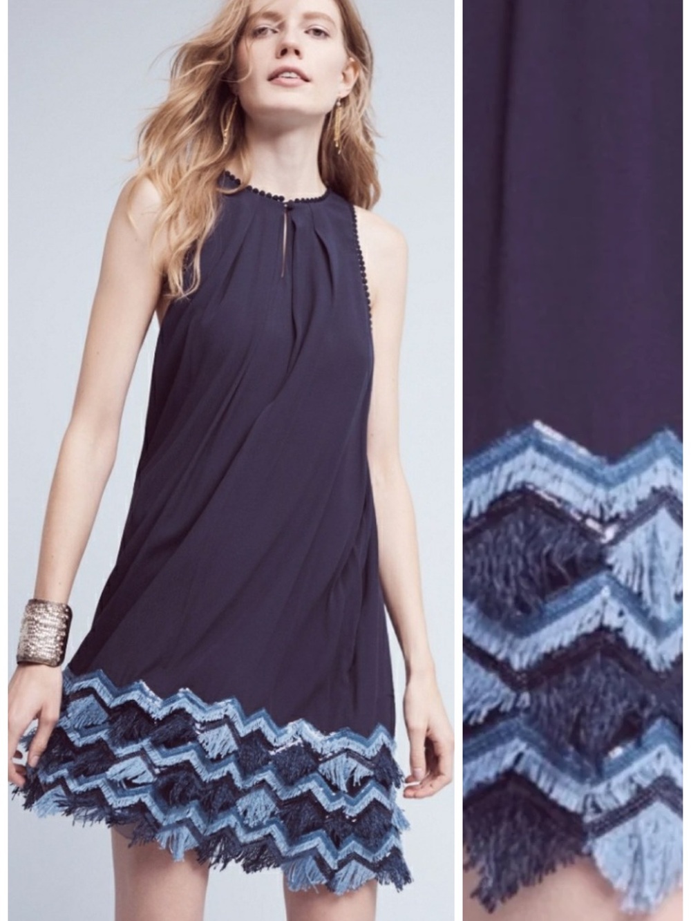 Anthropologie Maeve Festivity Fringe Swing Mini Dress Size 12 EUC Holiday Fringe